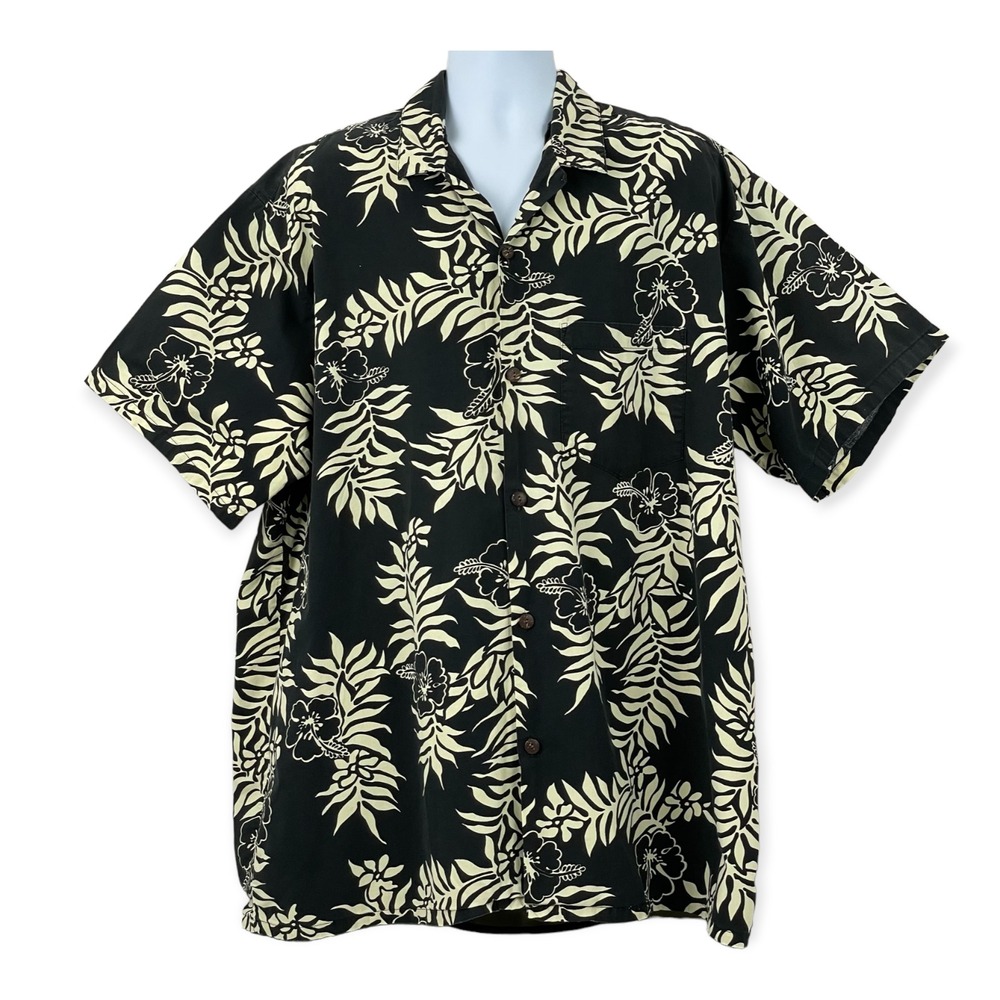 VINTAGE Barefoot In Paradise Hawaiian Shirt‎ Size 3XL Black Cream Hibiscus USA